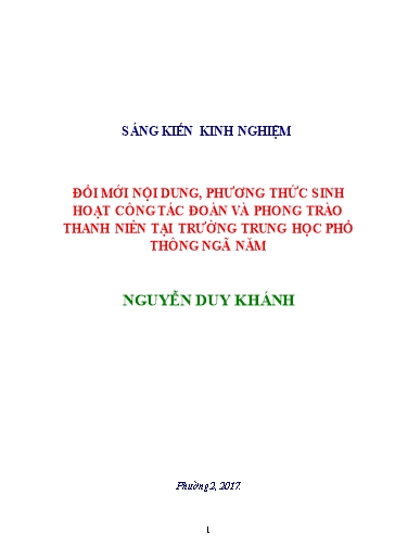 Sáng kiến kinh nghiệm Đổi mới nội dung, phương thức sinh hoạt công tác đoàn và phong trào thanh niên tại Trường Trung học Phổ thông Ngã Năm