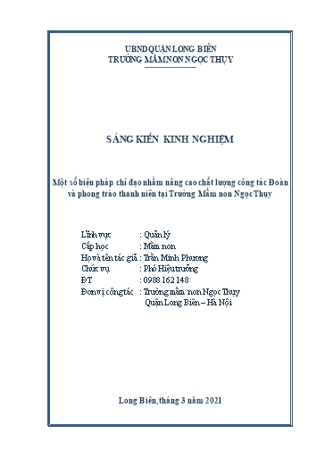 Sáng kiến kinh nghiệm Một số biện pháp chỉ đạo nhằm nâng cao chất lượng công tác Đoàn và phong trào thanh niên tại Trường Mầm non Ngọc Thụy