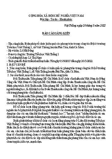 SKKN Biện pháp tổ chức hiệu quả các phong trào trong công tác Đội ở Trường Tiểu học Việt Thắng 1, xã Việt Thắng, huyện Phú Tân, tỉnh Cà Mau