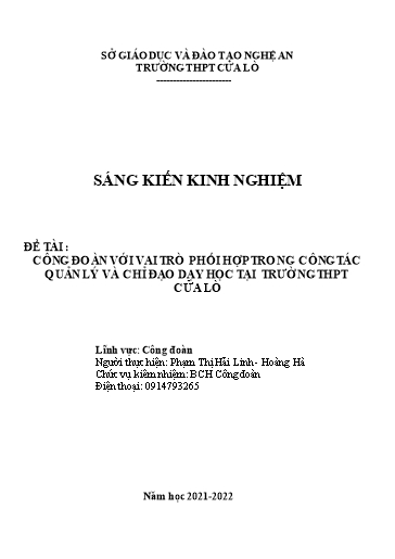 SKKN Công đoàn với vai trò phối hợp trong công tác quản lý và chỉ đạo dạy học tại Trường THPT Cửa Lò