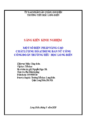 SKKN Một số biện pháp nâng cao chất lượng hoạt động ban nữ công công đoàn Trường Tiểu học Long Biên