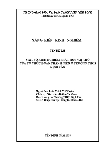 SKKN Một số kinh nghiệm phát huy vai trò của tổ chức đoàn thanh niên ở Trường THCS Định Tân