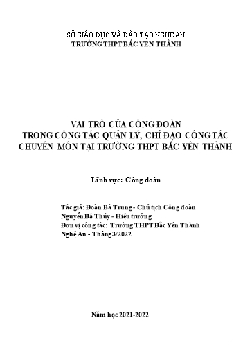 SKKN Vai trò của công đoàn trong công tác quản lý, chỉ đạo công tác chuyên môn tại Trường THPT Bắc Yên Thành