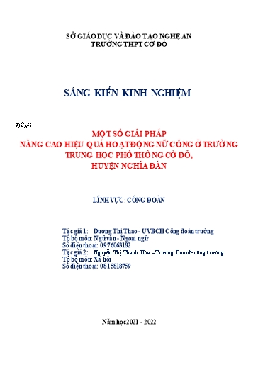 Sáng kiến kinh nghiệm Một số giải pháp nâng cao hiệu quả hoạt động nữ công ở Trường THPT Cờ Đỏ, Huyện Nghĩa Đàn