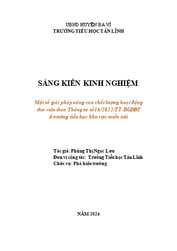 SKKN Một số giải pháp nâng cao chất lượng hoạt động thư viện theo Thông tư số 162022TT-BGDĐT ở Trường Tiểu học khu vực miền núi