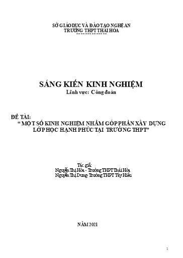 SKKN Một số kinh nghiệm nhằm góp phần xây dựng lớp học hạnh phúc tại Trường THPT Thái Hòa