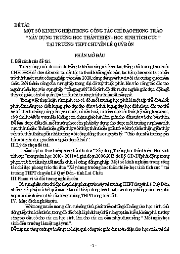 SKKN Một số kinh nghiệm trong công tác chỉ đạo phong trào “Xây dựng trường học thân thiện - Học sinh tích cực ” tại Trường THPT Chuyên Lê Quý Đôn