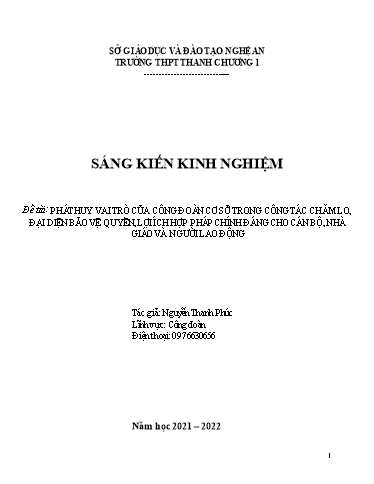 SKKN Phát huy vai trò của công đoàn cơ sở trong công tác chăm lo, đại diện bảo vệ quyền, lợi ích hợp pháp chính đáng cho cán bộ, nhà giáo và người lao động tại Trường THPT Thanh Chương 1