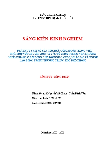 SKKN Phát huy vai trò của tổ chức công đoàn trong việc phối hợp với chuyên môn và các tổ chức trong nhà trường nhằm chăm lo đời sống cho đội ngũ cán bộ, nhà giáo và người lao động trong Trường THPT Đặng Thúc Hứa