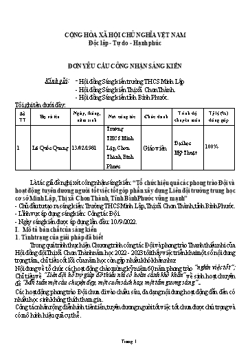 SKKN Tổ chức hiệu quả các phong trào Đội và hoạt động tuyên dương người tốt việc tốt góp phần xây dựng Liên đội Trường THCS Minh Lập, Thị xã Chơn Thành, Tỉnh Bình Phước vững mạnh